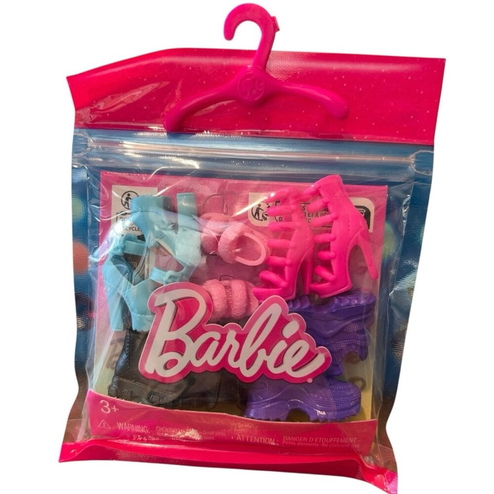 New Barbie 5 Shoe Set Heels Strappy Boots Slippers Sneakers Chelsea